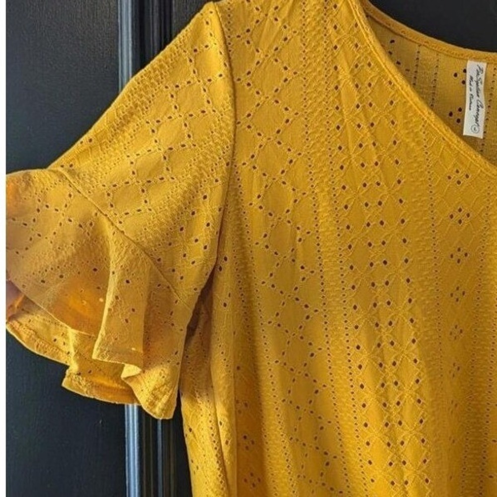 Mustard Yellow Eyelet Top Flutter Short Sleeve Tie Front Sz L Boho Festival - Picture 3 of 4